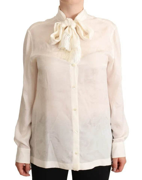 Dolce & Gabbana White Blouse Ascot Collar Shirt Silk Button Top - Hilstor