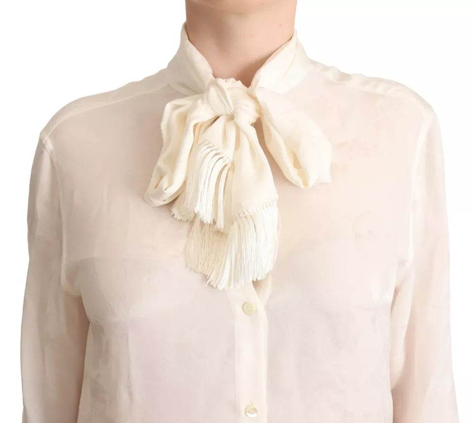 Dolce & Gabbana White Blouse Ascot Collar Shirt Silk Button Top - Hilstor