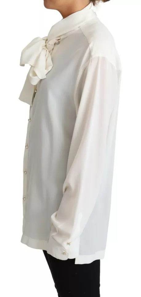 Dolce & Gabbana White Blouse Ascot Collar Shirt Silk Top - Hilstor