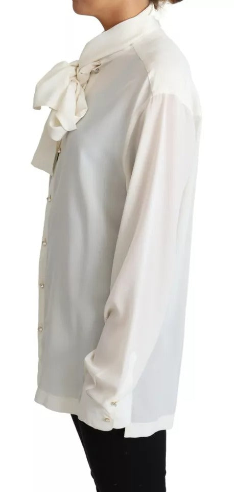 Dolce &amp; Gabbana Hvid Bluse Ascot Collar Shirt Silke Top