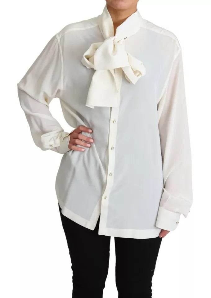 Dolce & Gabbana White Blouse Ascot Collar Shirt Silk Top - Hilstor