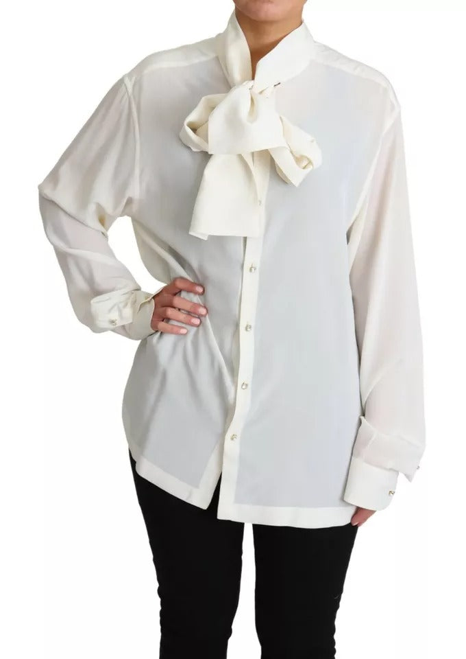 Dolce &amp; Gabbana Hvid Bluse Ascot Collar Shirt Silke Top