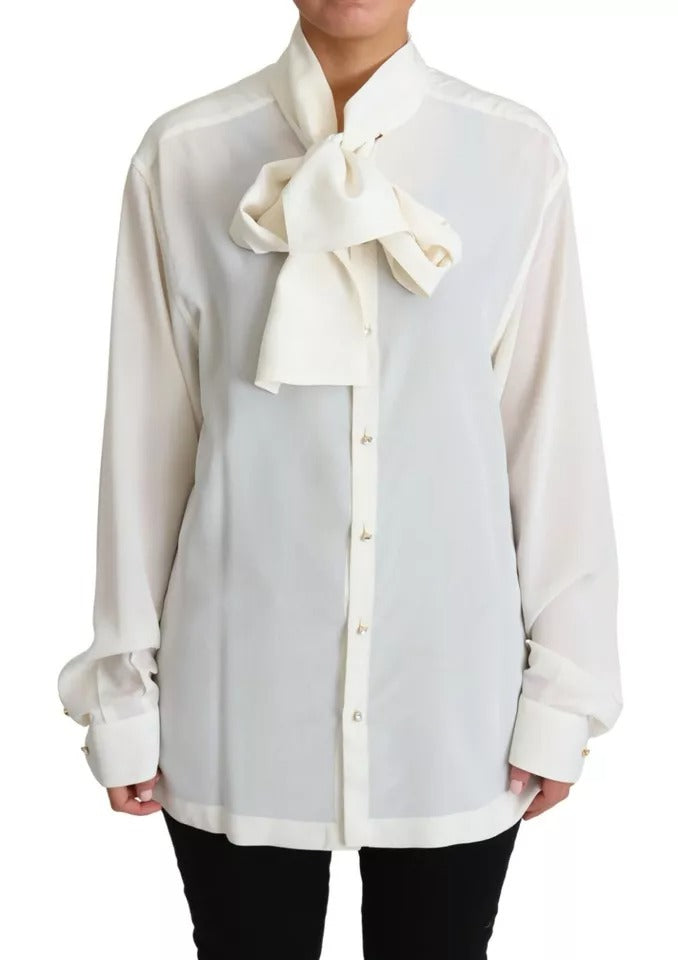 Dolce &amp; Gabbana Hvid Bluse Ascot Collar Shirt Silke Top