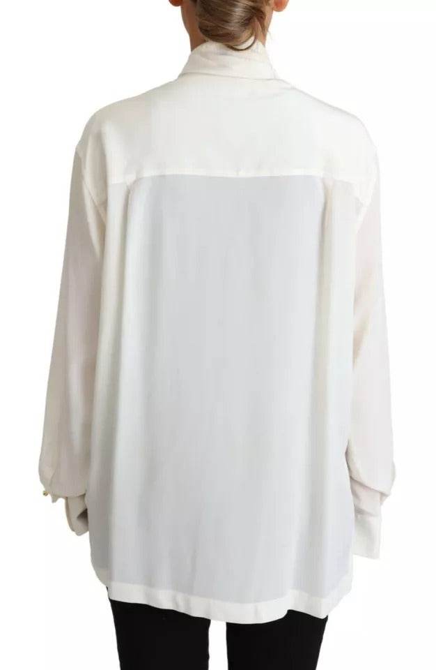 Dolce & Gabbana White Blouse Ascot Collar Shirt Silk Top - Hilstor