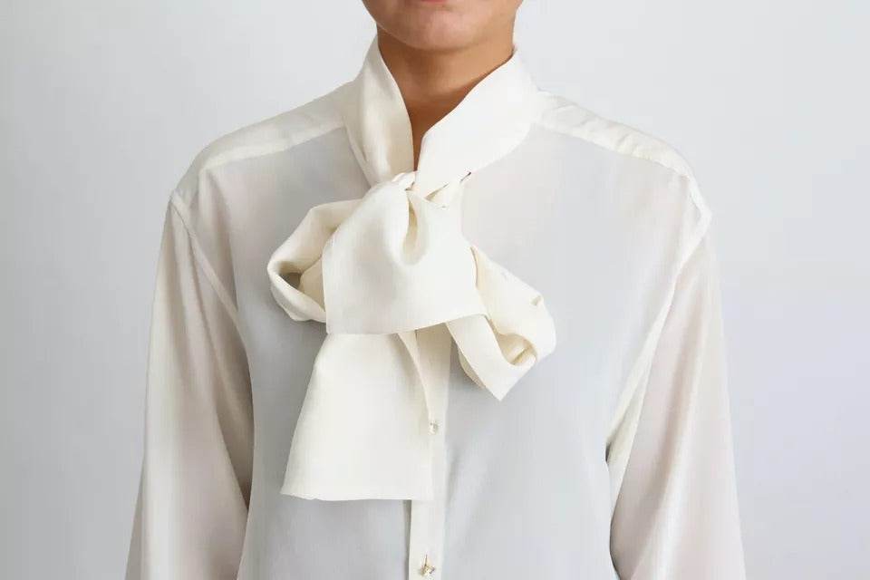 Dolce & Gabbana White Blouse Ascot Collar Shirt Silk Top - Hilstor