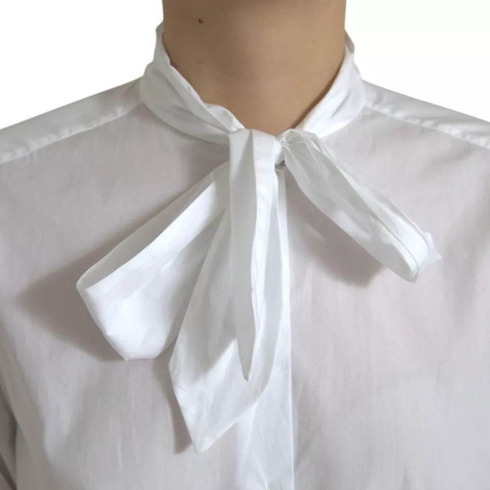 Dolce & Gabbana White Cotton Ascot Collar Long Sleeves Top - Hilstor