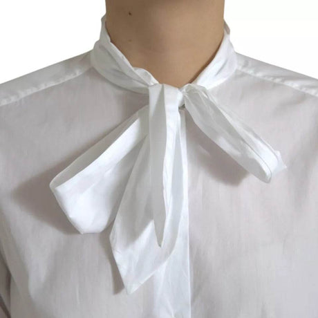 Dolce & Gabbana White Cotton Ascot Collar Long Sleeves Top - Hilstor