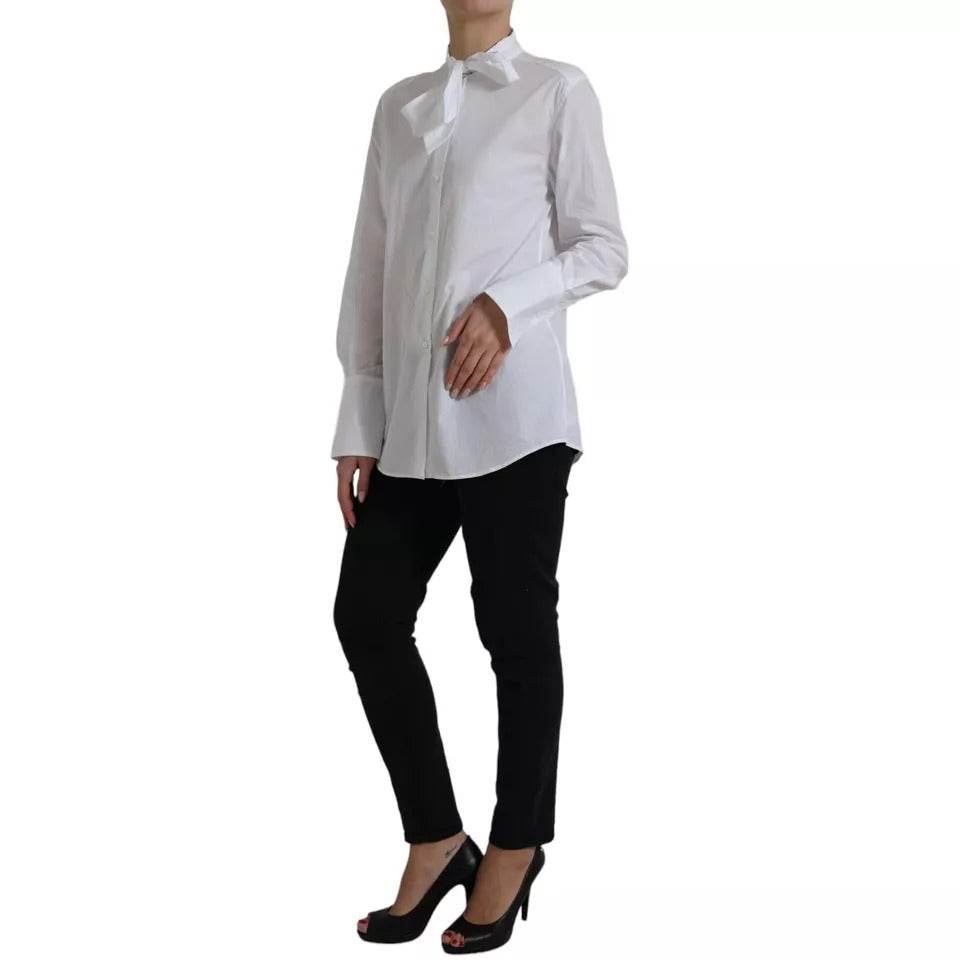Dolce & Gabbana White Cotton Ascot Collar Long Sleeves Top - Hilstor