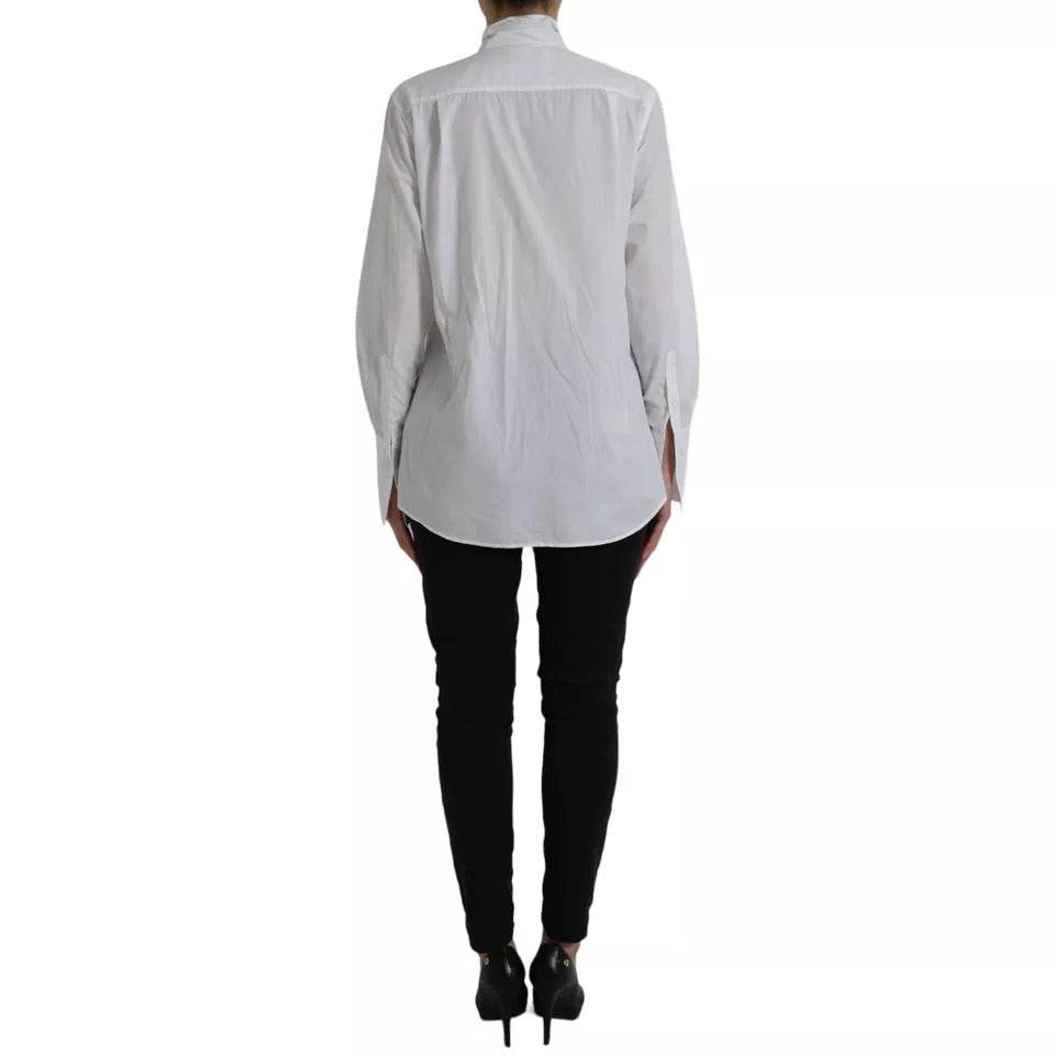 Dolce & Gabbana White Cotton Ascot Collar Long Sleeves Top - Hilstor