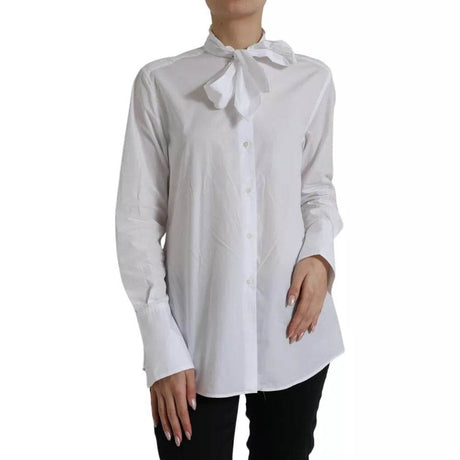 Dolce & Gabbana White Cotton Ascot Collar Long Sleeves Top - Hilstor