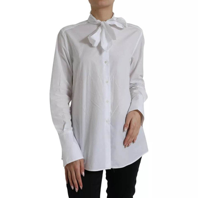 Dolce & Gabbana White Cotton Ascot Collar Long Sleeves Top - Hilstor
