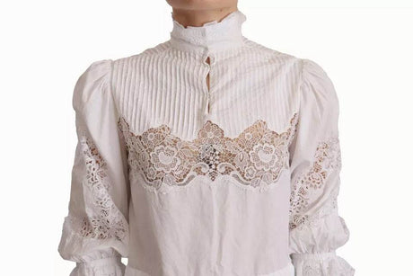 Dolce & Gabbana White Cotton Lace Trim Turtle Neck Blouse Top - Hilstor