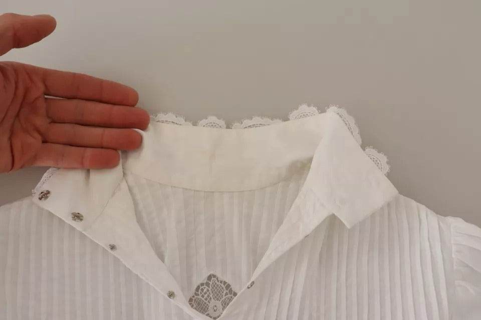 Dolce & Gabbana White Cotton Lace Trim Turtle Neck Blouse Top - Hilstor