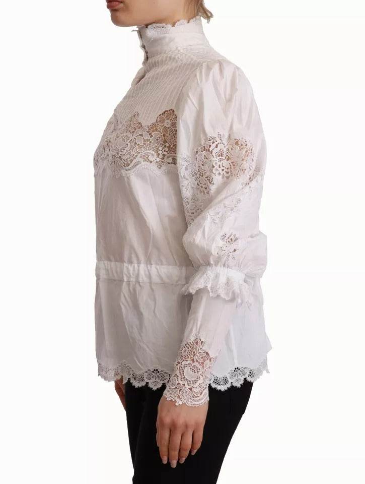 Dolce & Gabbana White Cotton Lace Trim Turtle Neck Blouse Top - Hilstor