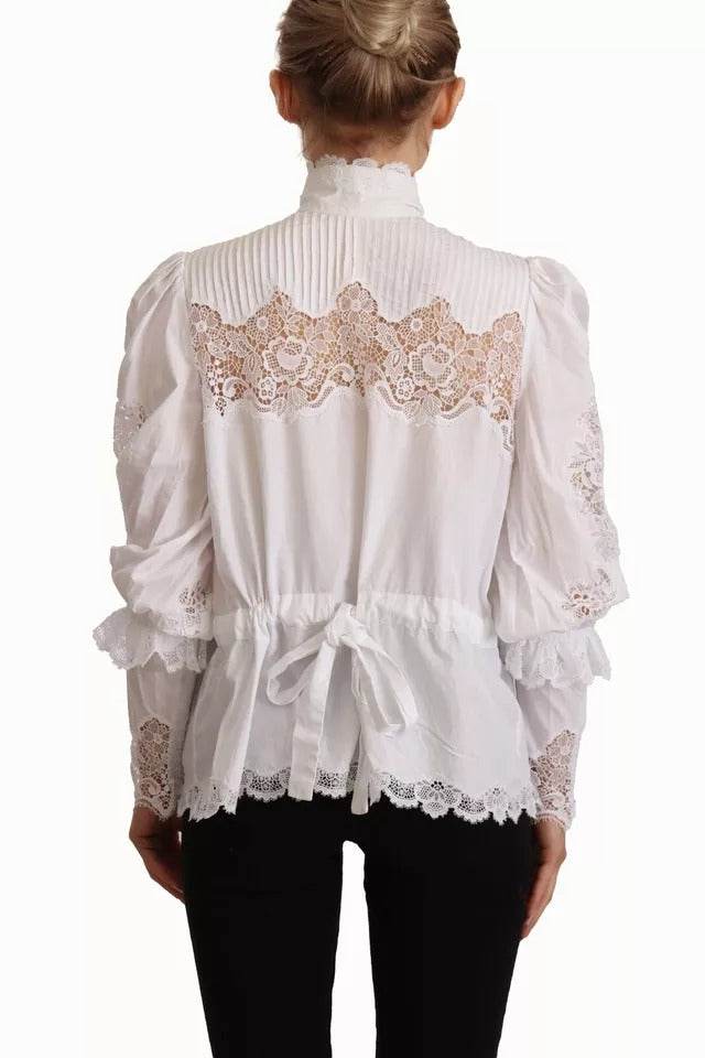 Dolce & Gabbana White Cotton Lace Trim Turtle Neck Blouse Top - Hilstor