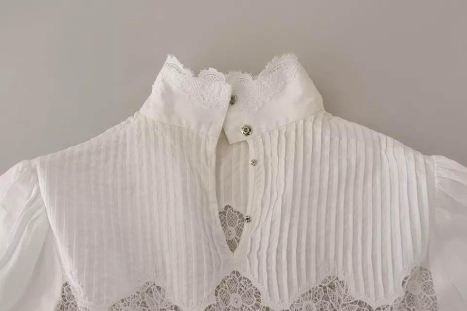 Dolce & Gabbana White Cotton Lace Trim Turtle Neck Blouse Top - Hilstor