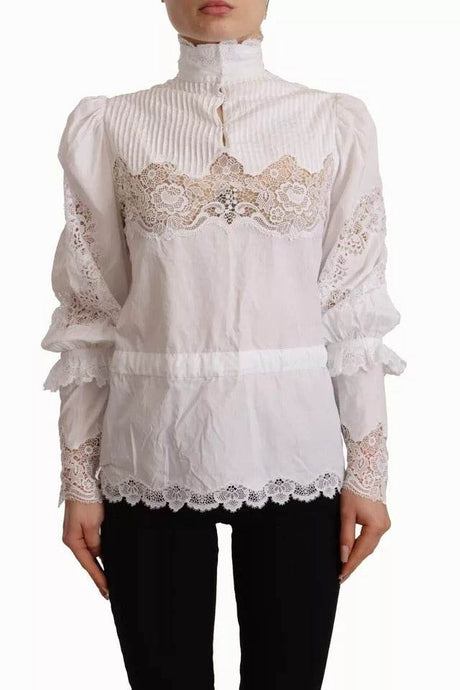 Dolce & Gabbana White Cotton Lace Trim Turtle Neck Blouse Top - Hilstor