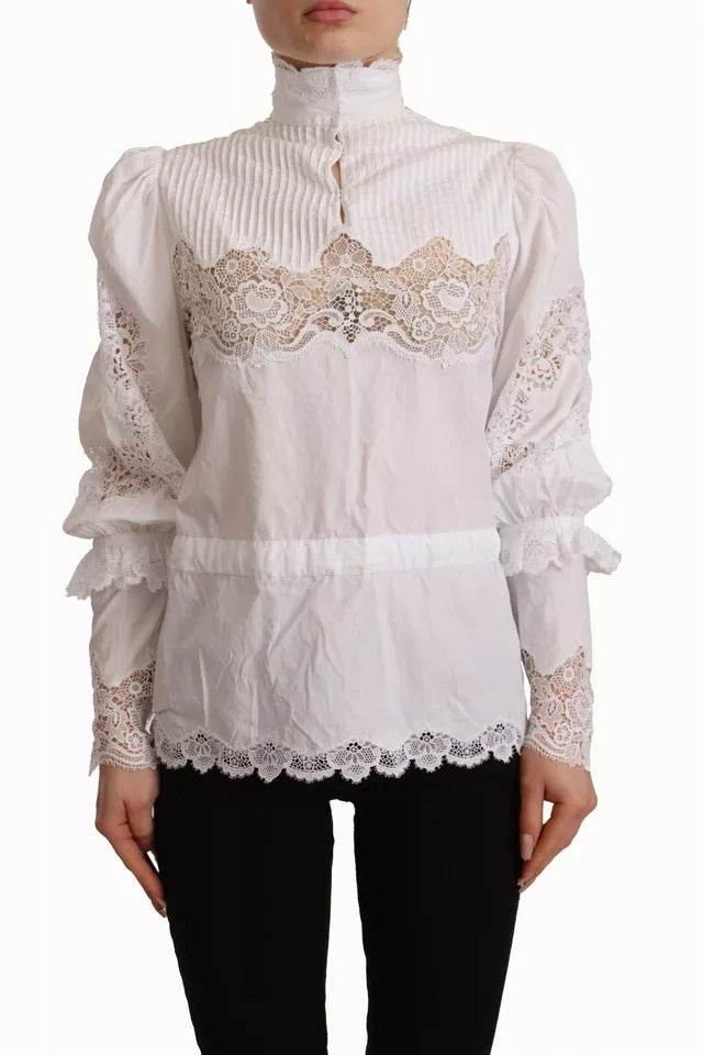 Dolce & Gabbana White Cotton Lace Trim Turtle Neck Blouse Top - Hilstor