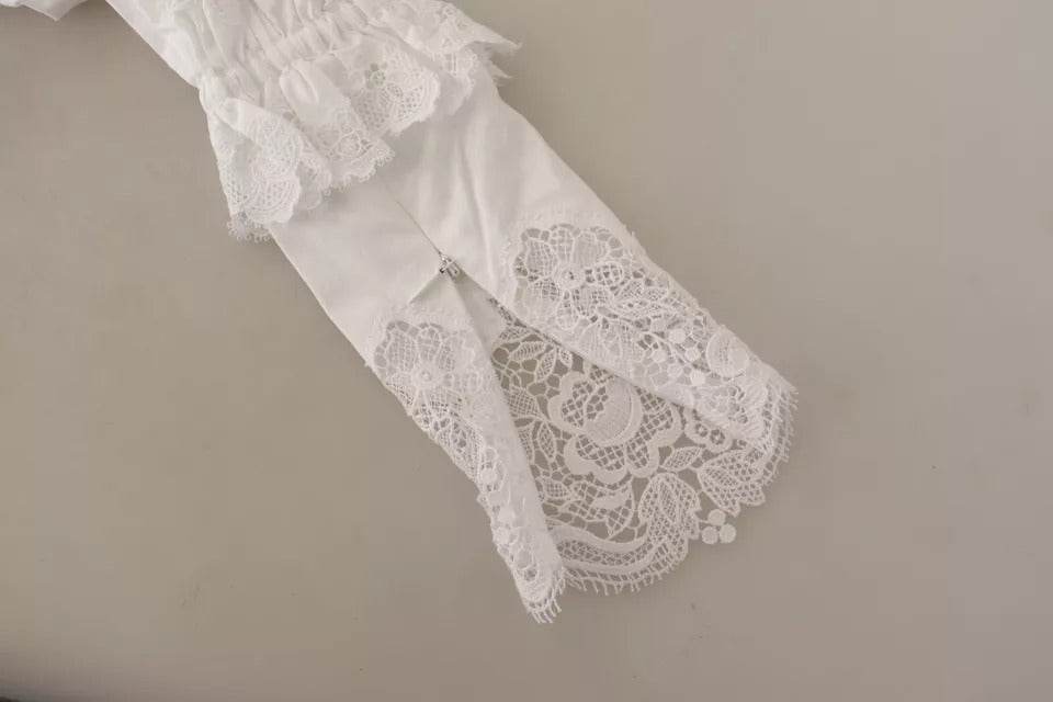 Dolce & Gabbana White Cotton Lace Trim Turtle Neck Blouse Top - Hilstor