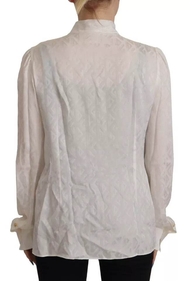 Dolce & Gabbana White Patterned Silk Ascot Collar Blouse Top - Hilstor