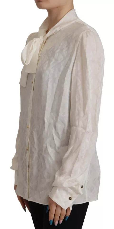 Dolce & Gabbana White Patterned Silk Ascot Collar Blouse Top - Hilstor