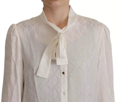 Dolce & Gabbana White Patterned Silk Ascot Collar Blouse Top - Hilstor