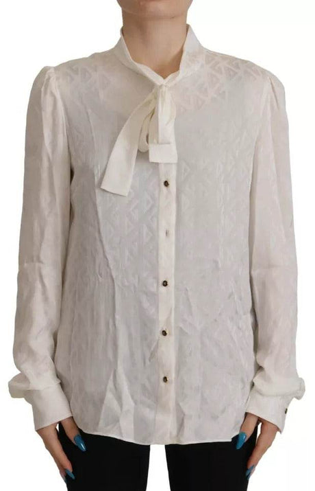 Dolce & Gabbana White Patterned Silk Ascot Collar Blouse Top - Hilstor