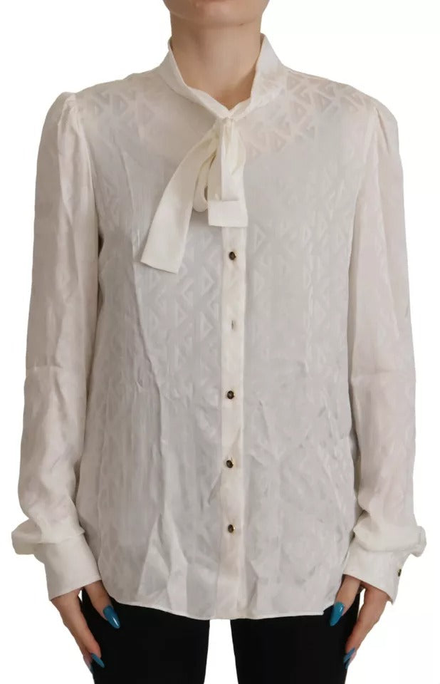 Dolce &amp; Gabbana hvid mønstret silke ascot krave bluse top