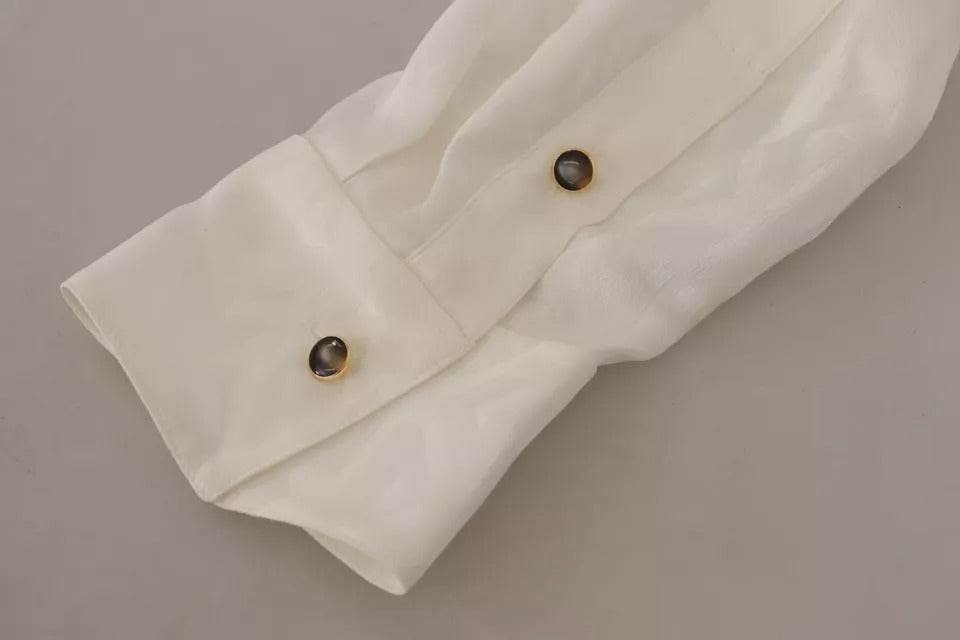 Dolce & Gabbana White Patterned Silk Ascot Collar Blouse Top - Hilstor