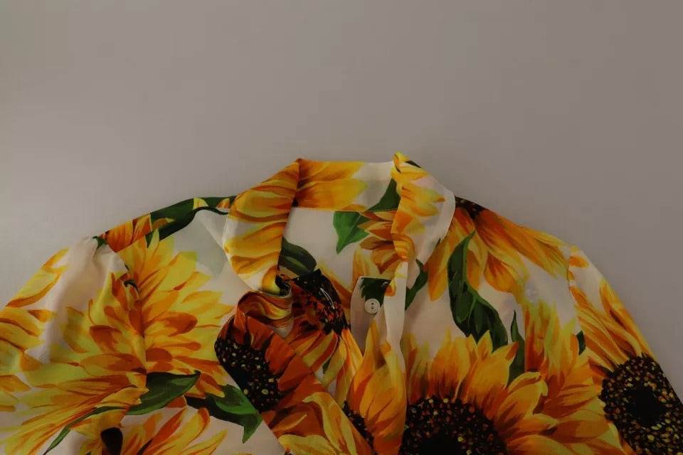 Dolce & Gabbana White Sunflower Silk Ascot Collar Blouse Top - Hilstor