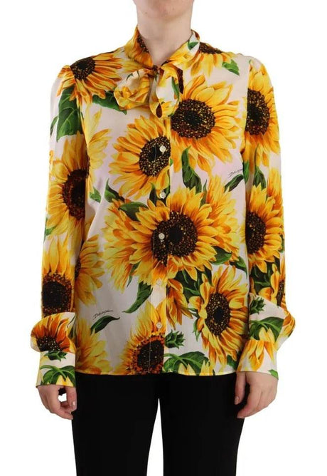 Dolce & Gabbana White Sunflower Silk Ascot Collar Blouse Top - Hilstor