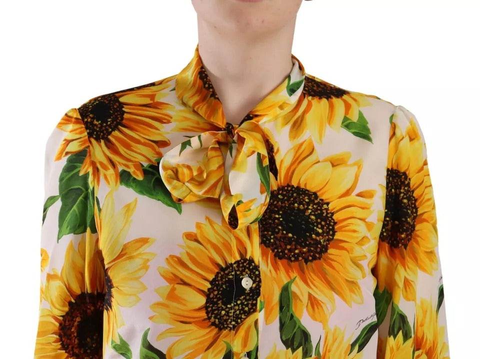 Dolce & Gabbana White Sunflower Silk Ascot Collar Blouse Top - Hilstor