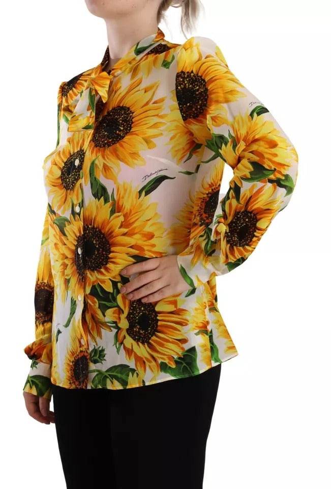 Dolce & Gabbana White Sunflower Silk Ascot Collar Blouse Top - Hilstor