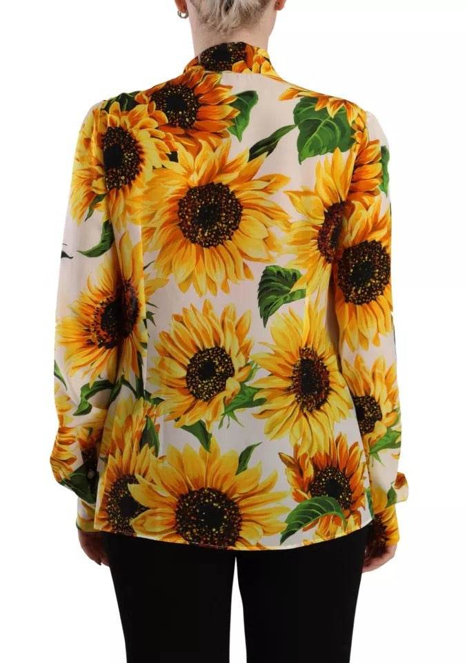 Dolce & Gabbana White Sunflower Silk Ascot Collar Blouse Top - Hilstor