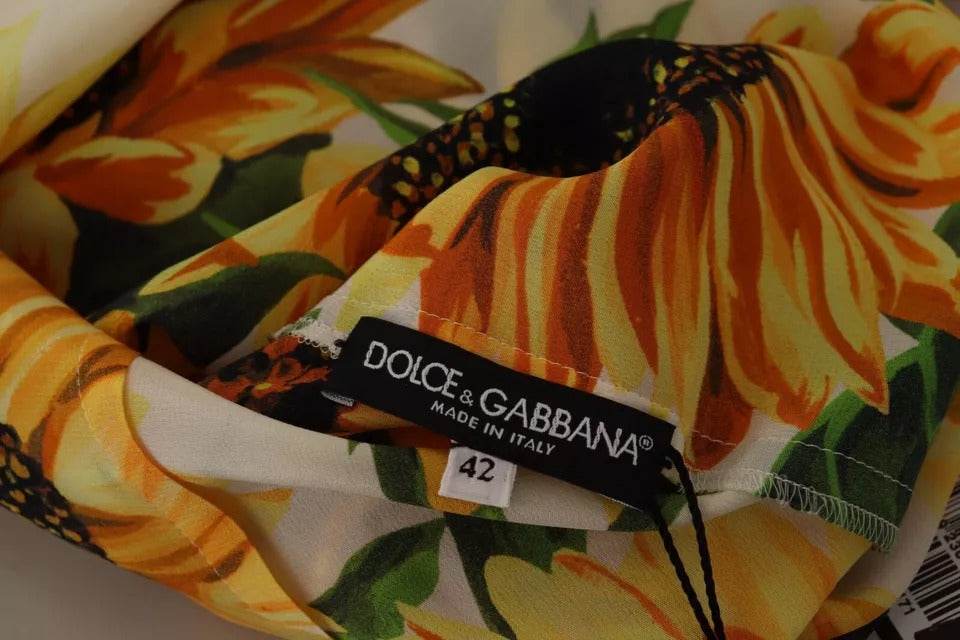 Dolce & Gabbana White Sunflower Silk Ascot Collar Blouse Top - Hilstor