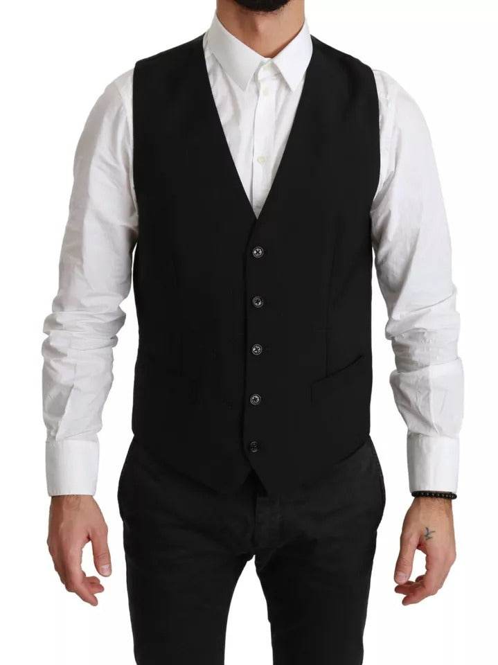 Dolce & Gabbana Black Stretch Waistcoat Formal Dress Wool Vest - Hilstor