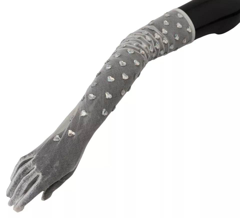 Dolce & Gabbana White Crystal Elbow Length Cotton Tulle Gloves - Hilstor