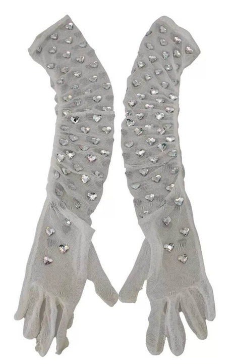 Dolce & Gabbana White Crystal Elbow Length Cotton Tulle Gloves - Hilstor