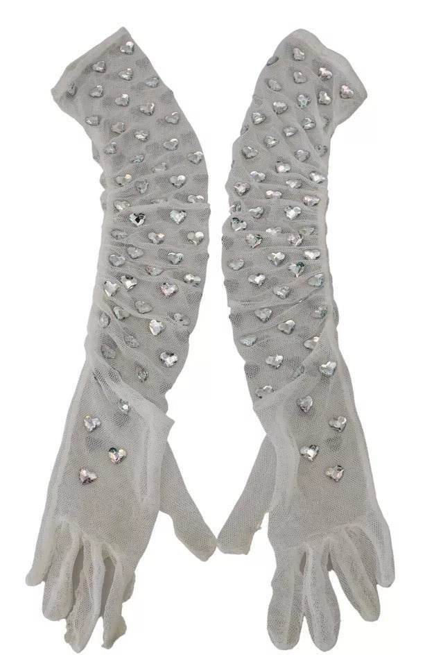 Dolce & Gabbana White Crystal Elbow Length Cotton Tulle Gloves - Hilstor