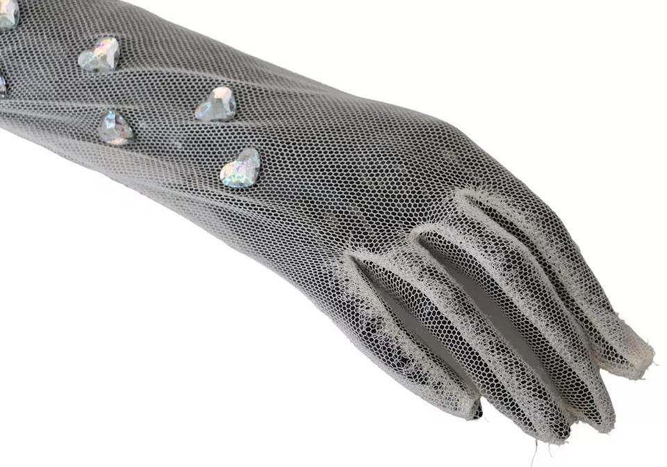 Dolce & Gabbana White Crystal Elbow Length Cotton Tulle Gloves - Hilstor