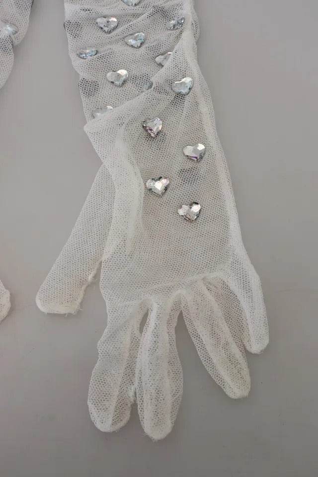 Dolce & Gabbana White Crystal Elbow Length Cotton Tulle Gloves - Hilstor