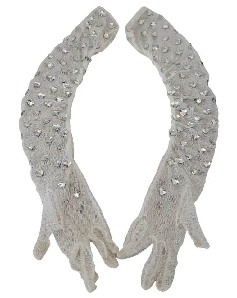 Dolce & Gabbana White Crystal Elbow Length Cotton Tulle Gloves - Hilstor