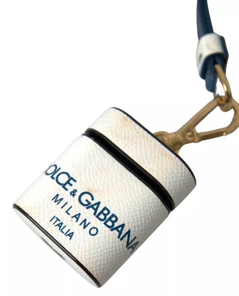 Dolce & Gabbana White Blue Calf Leather Logo Print Strap Airpods Case - Hilstor