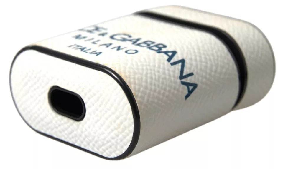 Dolce & Gabbana White Blue Calf Leather Logo Print Strap Airpods Case - Hilstor