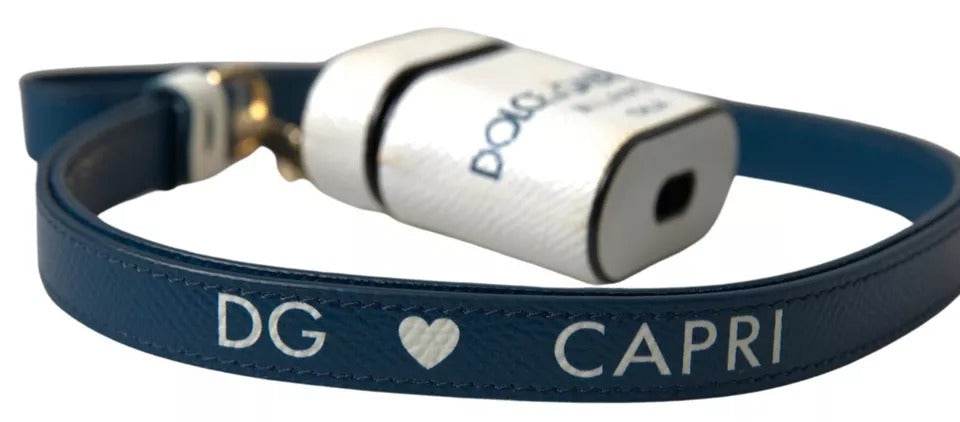 Dolce & Gabbana White Blue Calf Leather Logo Print Strap Airpods Case - Hilstor