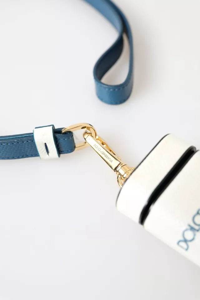 Dolce & Gabbana White Blue Calf Leather Logo Print Strap Airpods Case - Hilstor