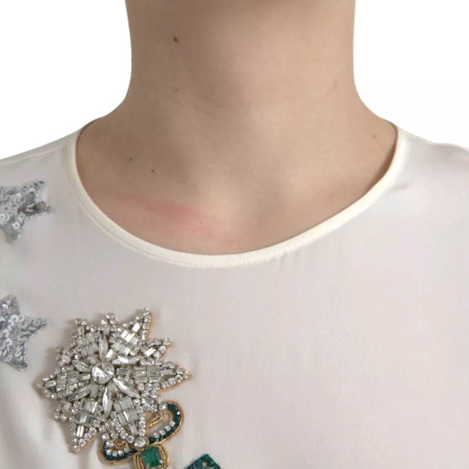 Dolce & Gabbana White Silk Crystal 3/4 Sleeves Blouse Top - Hilstor