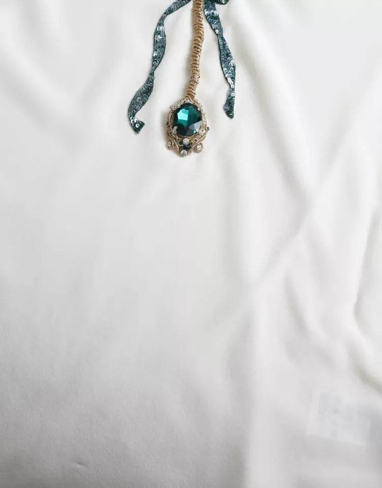 Dolce & Gabbana White Silk Crystal 3/4 Sleeves Blouse Top - Hilstor