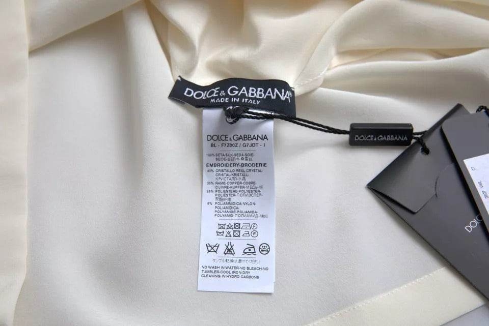 Dolce & Gabbana White Silk Crystal 3/4 Sleeves Blouse Top - Hilstor