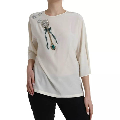 Dolce & Gabbana White Silk Crystal 3/4 Sleeves Blouse Top - Hilstor